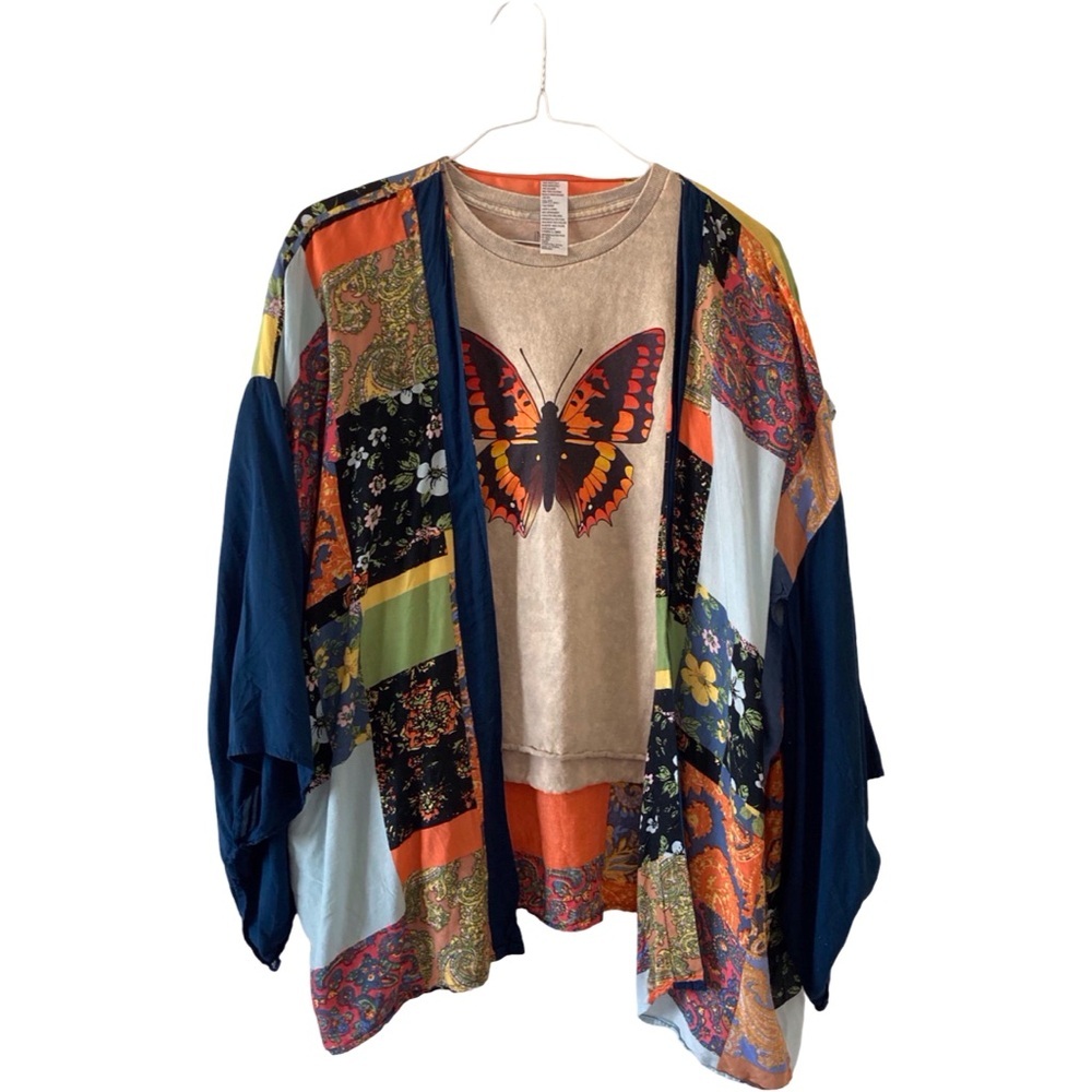 Patchwork Kimono & Butterfly Tee Set, Women’s, Large, Boho bundle